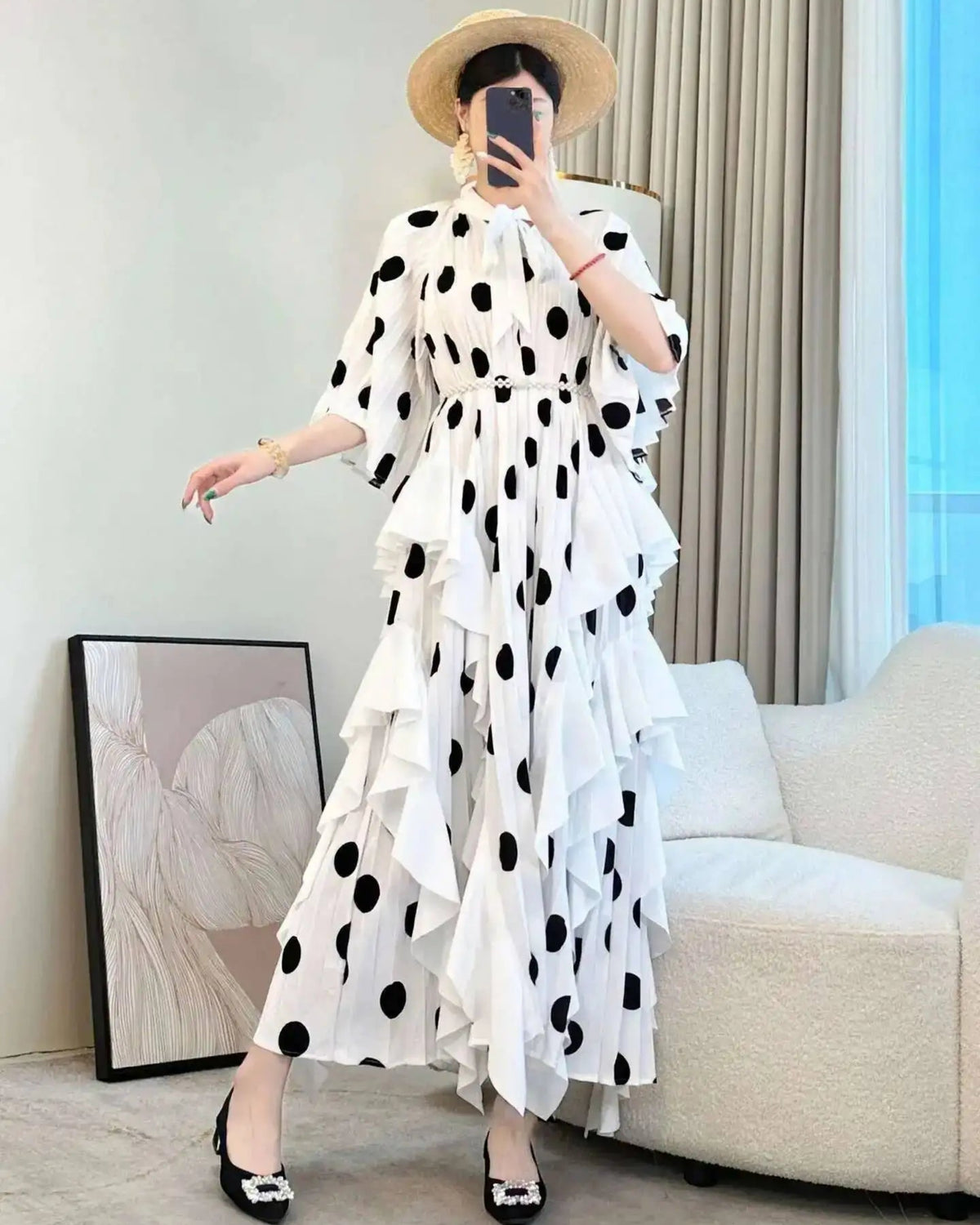 Luxe Pleated Polka Dot Dress