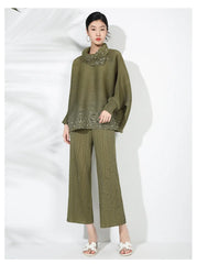 Elegant Beaded Plissé Pleated Sweater & Pant Set