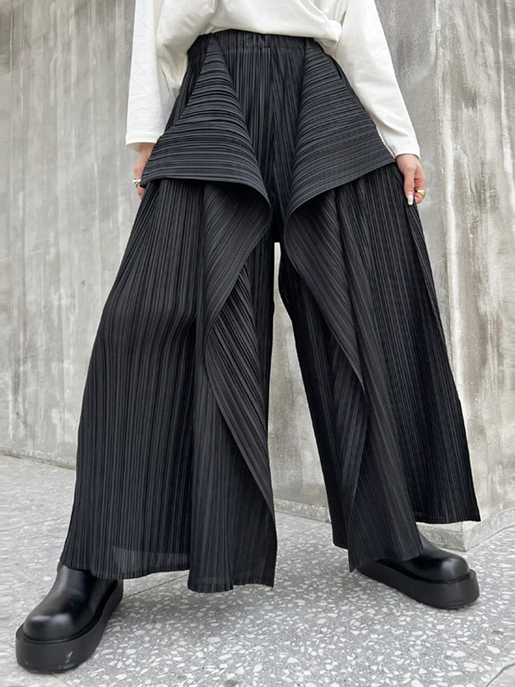 Asymmetric Wide-Leg Pleated Elastic Waist Trousers