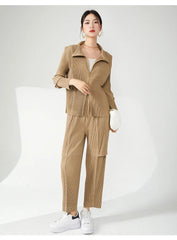 Women's 2 Piece Casual Pleated Jacket and Pants Set