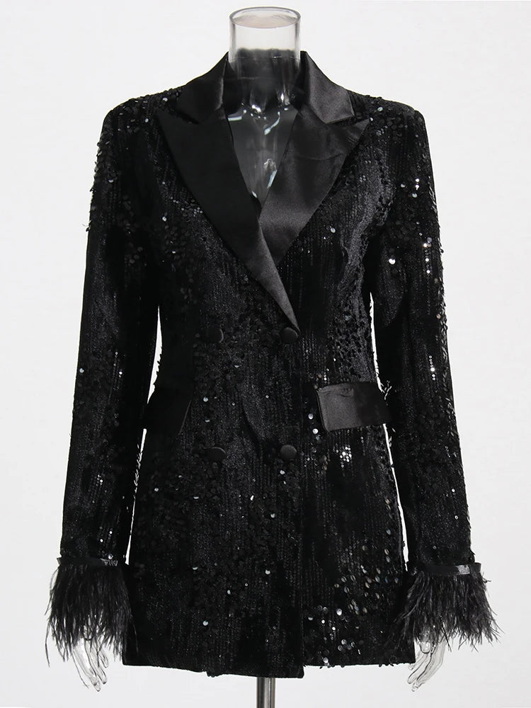 Women's Luxe Black Sequin Feather Sleeve Blazer