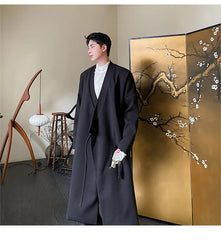 Men's Black Kimono Wrap Wool Long Coat