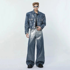 Men's 2 Piece Foil Denim Trucker Jacket & Jeans Set