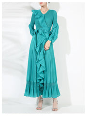Ruffle Pleated V-Neck Dress