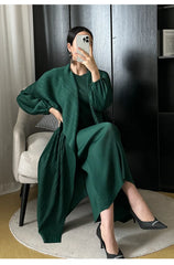 Elegant 2 Piece Pleated Midi Dress with Oversized Coat