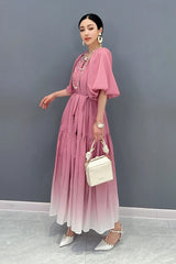 Women's New Gradient Pink Balloon Sleeve Midi Dress