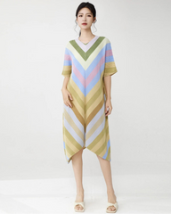 Plisse Asymmetric Stripe Dress
