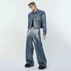 Men's 2 Piece Foil Denim Trucker Jacket & Jeans Set