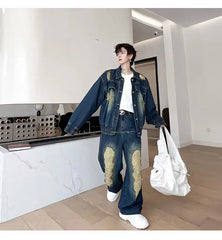 Men's Tokyo Edge Distressed Denim Streetwear Jeans Set