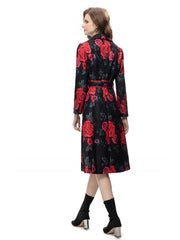 Women's Slim Fit Black Floral Rose Trench Coat