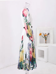 Women's Elegant Floral White Pleated Midi Dress