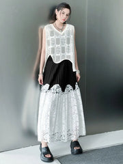 Two-Tone Pleated Lace Skirt