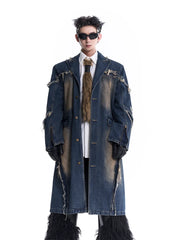 Men's Rugged Denim Streetwear Long Coat