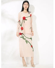 Floral Embroidered Pleated Skirt Set