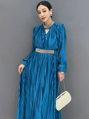 Women's Elegant Blue Striped Pleated Midi Dress