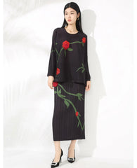 Floral Embroidered Pleated Skirt Set
