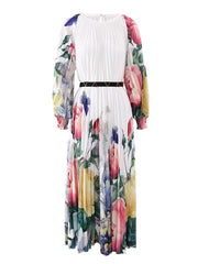 Women's Elegant Floral White Pleated Midi Dress