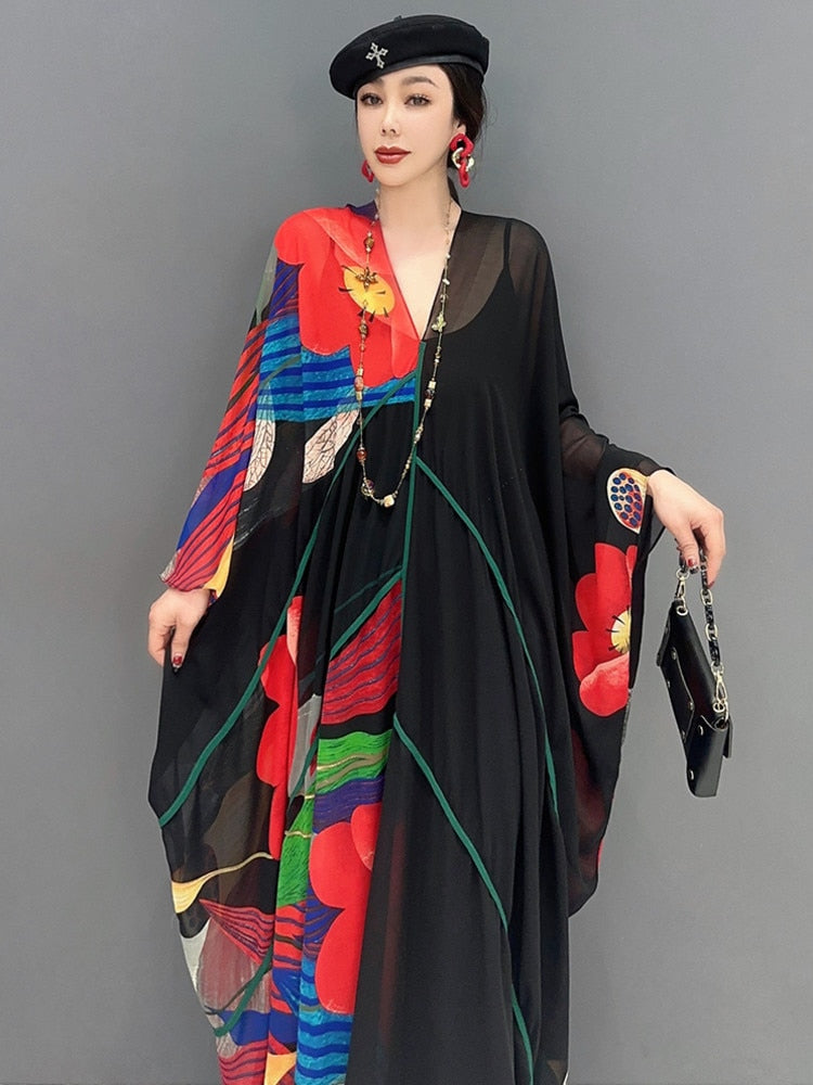 Black & Red Classy Casual Floral Oversized Sleeve Loose Maxi Dress