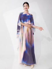 Pleated Watercolor Cape Dress