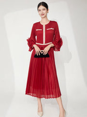 Elegant Ruffle Bell Sleeve Pleated Dress