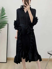 Pleated Ruffled Collar Dress