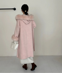 Luxury Wool-Blend Faux Fur Hooded Coat