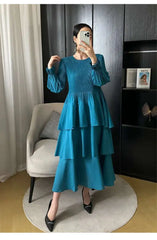 Pleated Lantern Sleeve Ruffle Dress