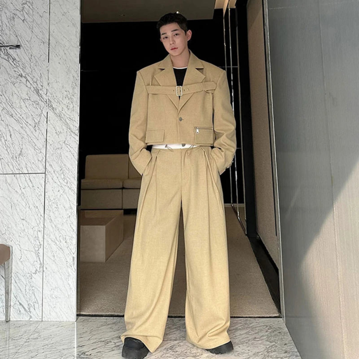 Men's Belted Cropped Blazer & Wide-Leg Trousers