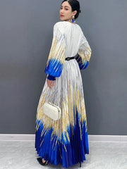 Women's Chic Blue & Gold Midi Dress - Puff Sleeves