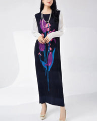 Floral Plissé Long Sleeve Dress