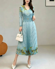Couture Pleated Belted Floral Dress