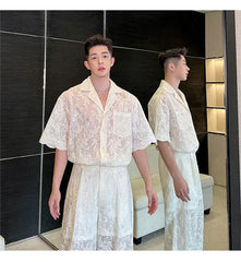 Men's Sheer 2-Piece Embroidery White Lace Suit Set