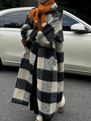 Women's Plaid Long Hooded Wool Blend Trench Coat