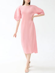 Elegant Puff Sleeve Japanese Pleated Midi Dress