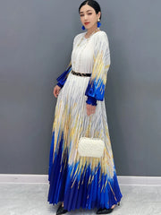 Women's Chic Blue & Gold Midi Dress - Puff Sleeves