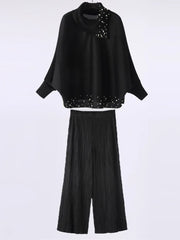 Elegant Beaded Plissé Pleated Sweater & Pant Set