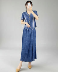 Luxury Denim Plissé Skirt Set