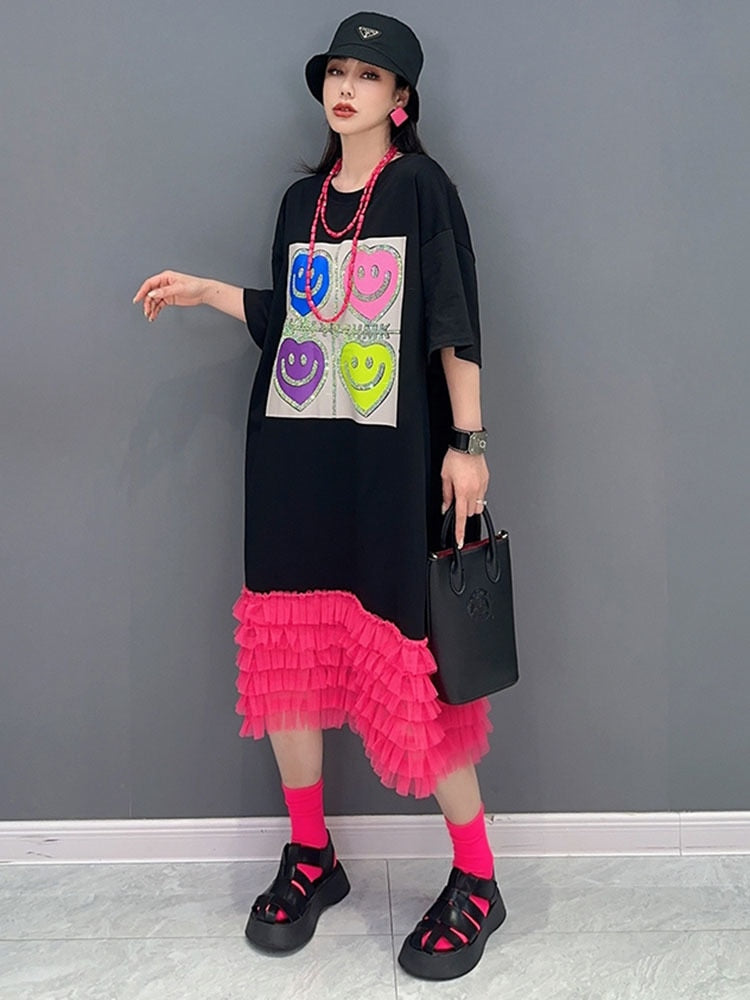 Modern Chic Pink Ruffles Midi Dress