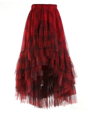Plaid Asymmetric Tulle Pull-On Skirt