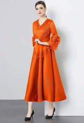 Plisse Floral Cape Sleeve Dress