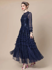 Couture Modest Midi Dress - Sequins & Ruffles