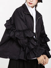 Women's Luxe Black Oversized Ruffled Jacket