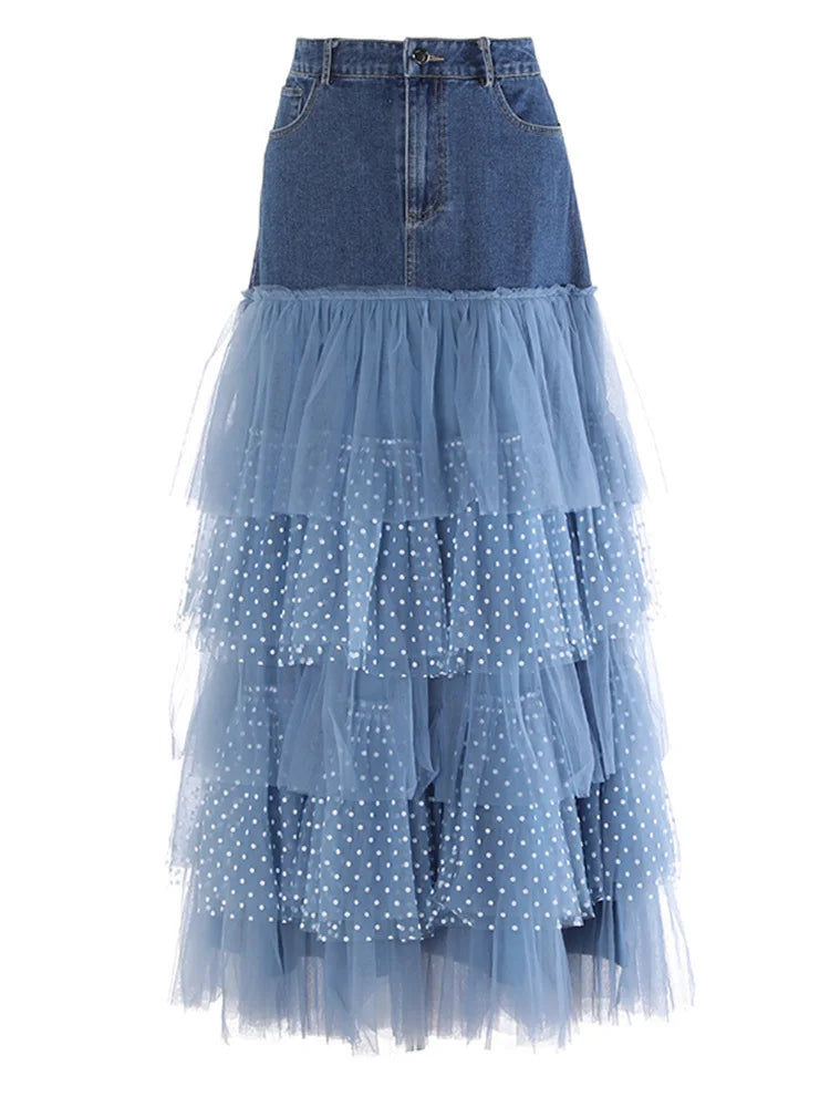 Luxe Denim and Tulle Ruffled Long Skirt