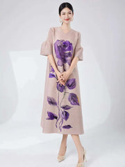 Rose Pleated Cape Sleeve Dress