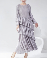 Elegant Bell-Sleeve Plissé Dress