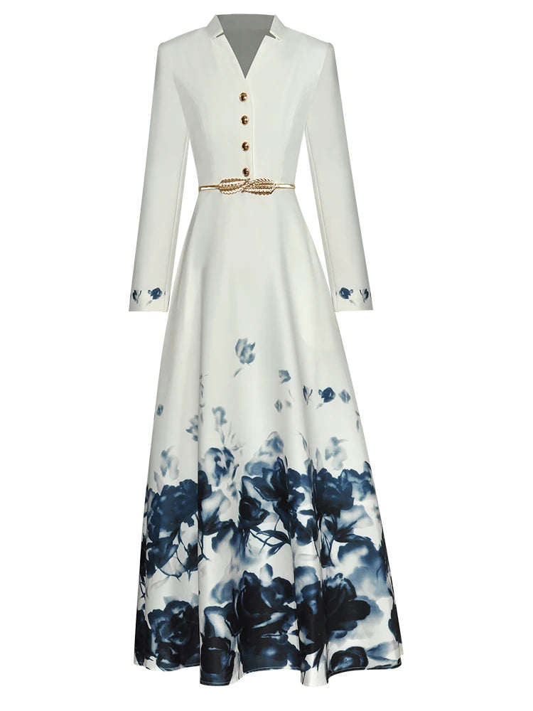 Women's Floral Print Long Sleeve V-Neck Midi Dress