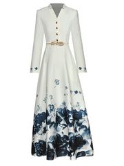 Women's Floral Print Long Sleeve V-Neck Midi Dress