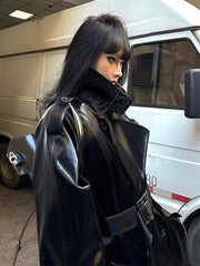 Women's Elegant Black Oversized Faux Leather Coat