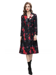 Women's Slim Fit Black Floral Rose Trench Coat