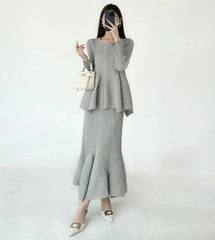 Pleated Peplum Blouse & Skirt